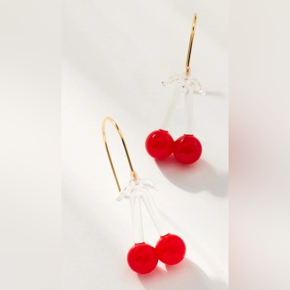 Anthropologie Fruit Icon Glass Drop Earrings Cherries 14k Gold Plated New - Picture 5 of 5